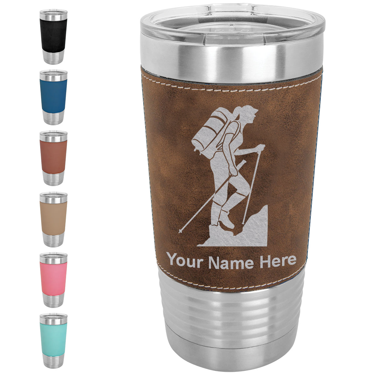 20oz Faux Leather Tumbler Mug, Hiker Woman, Personalized Engraving Included - LaserGram Custom Engraved Gifts