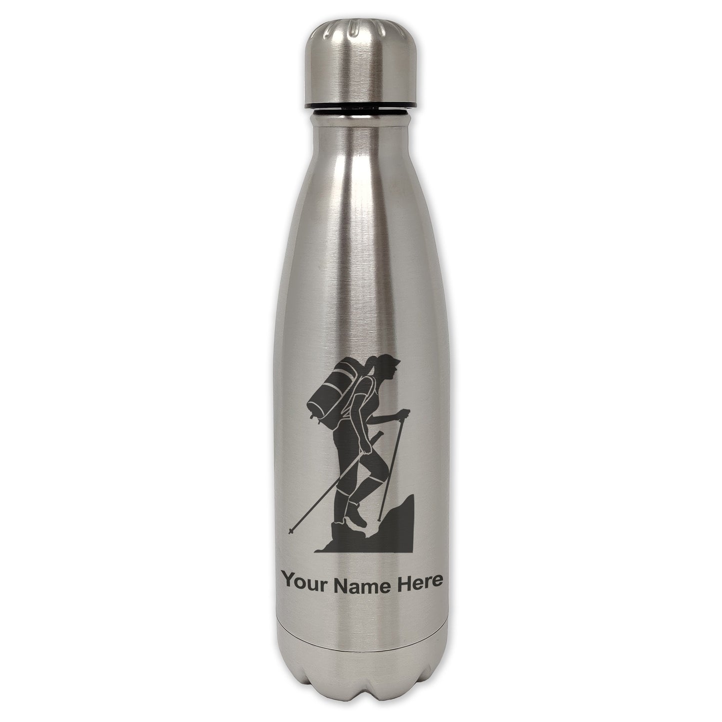 LaserGram Single Wall Water Bottle, Hiker Woman, Personalized Engraving Included