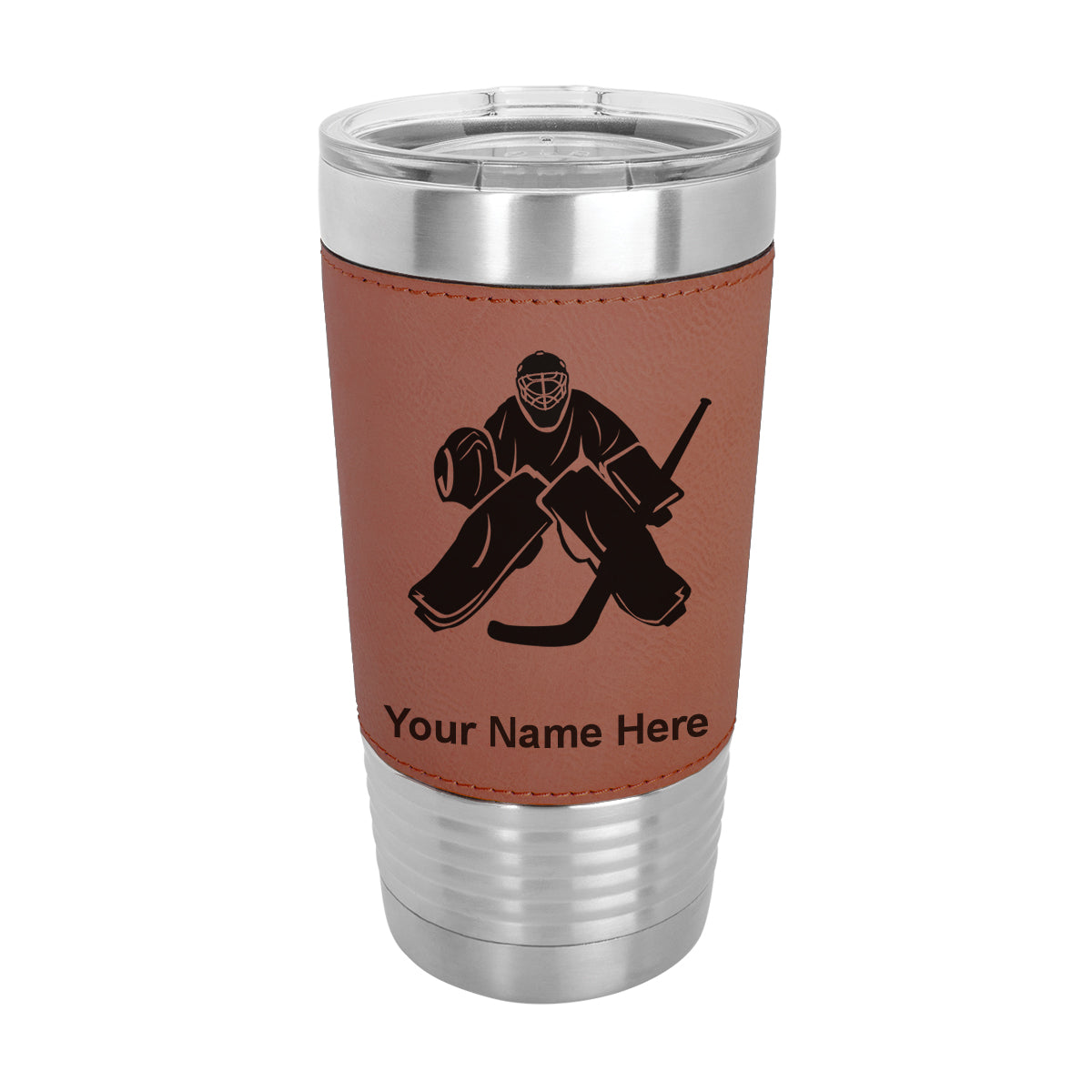 20oz Faux Leather Tumbler Mug, Hockey Goalie, Personalized Engraving Included - LaserGram Custom Engraved Gifts