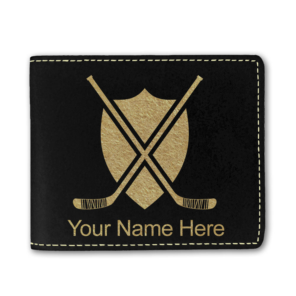 Faux Leather Bi-Fold Wallet, Hockey Sticks, Personalized Engraving Included