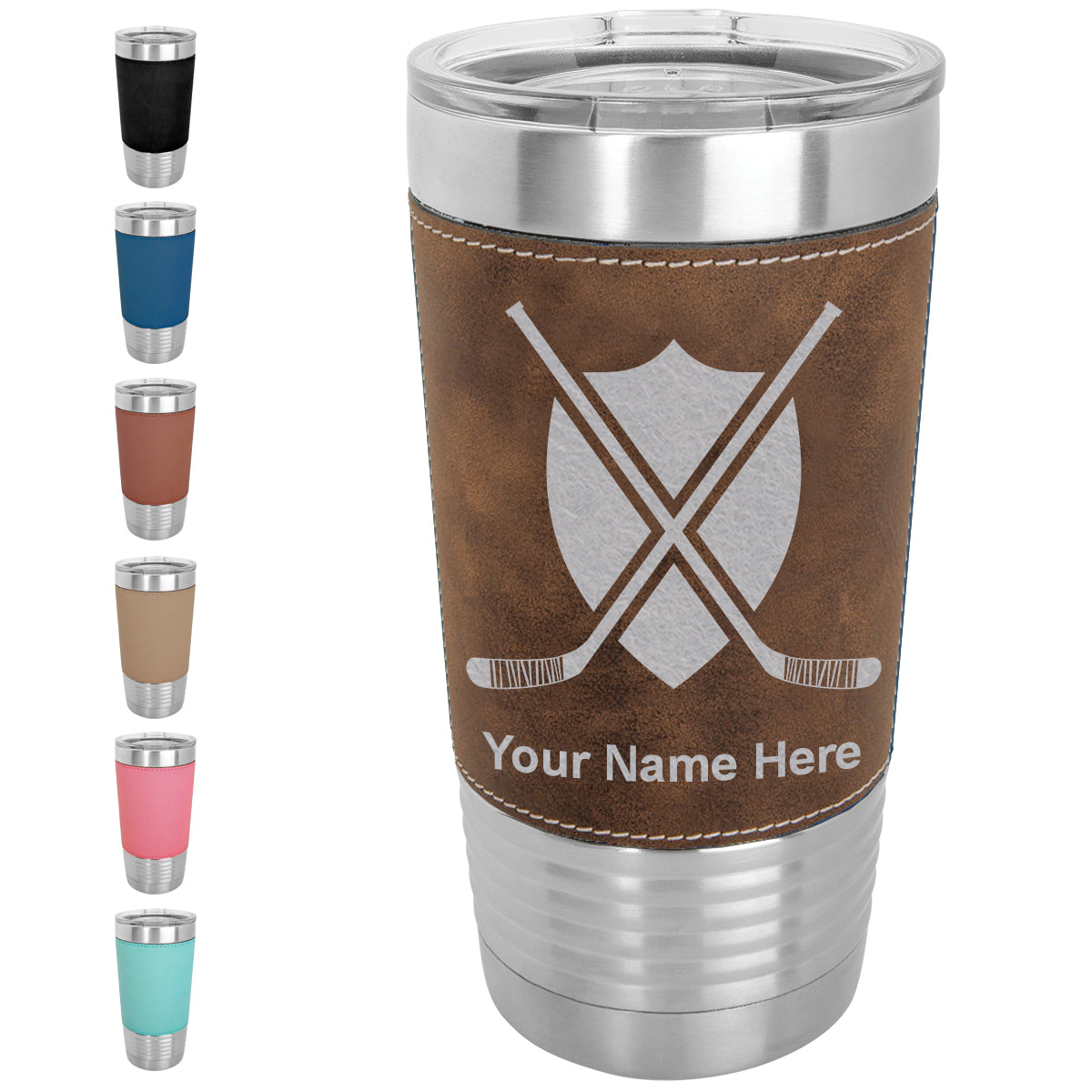 20oz Faux Leather Tumbler Mug, Hockey Sticks, Personalized Engraving Included - LaserGram Custom Engraved Gifts