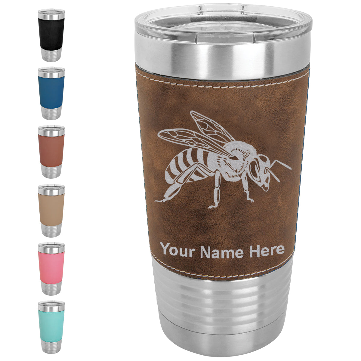20oz Faux Leather Tumbler Mug, Honey Bee, Personalized Engraving Included - LaserGram Custom Engraved Gifts