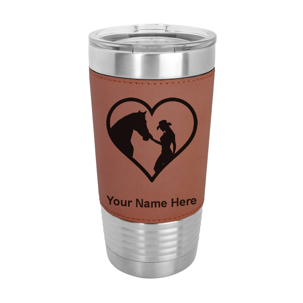 20oz Faux Leather Tumbler Mug, Horse Cowgirl Heart, Personalized Engraving Included - LaserGram Custom Engraved Gifts