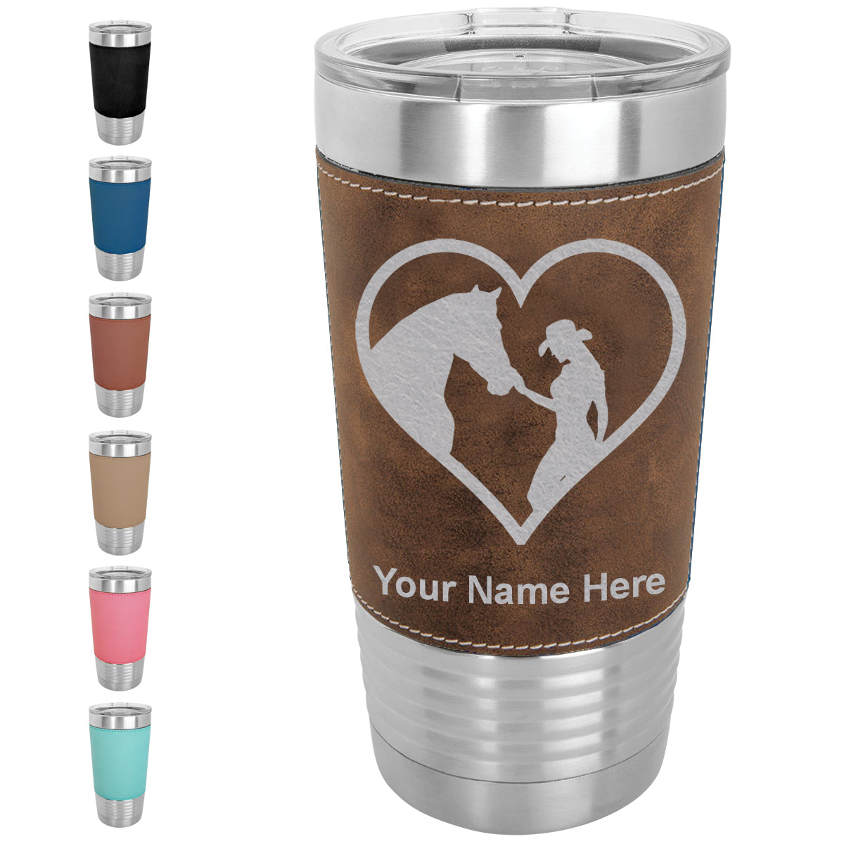 20oz Faux Leather Tumbler Mug, Horse Cowgirl Heart, Personalized Engraving Included - LaserGram Custom Engraved Gifts