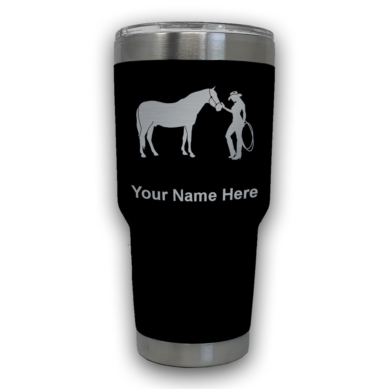 LaserGram 30oz Tumbler Mug, Horse and Cowgirl, Personalized Engraving Included