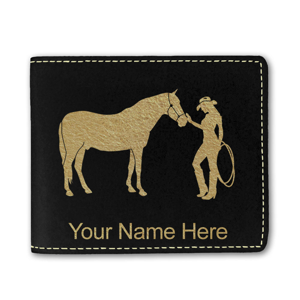 Faux Leather Bi-Fold Wallet, Horse and Cowgirl, Personalized Engraving Included