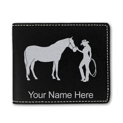 Faux Leather Bi-Fold Wallet, Horse and Cowgirl, Personalized Engraving Included