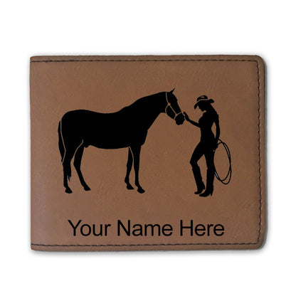 Faux Leather Bi-Fold Wallet, Horse and Cowgirl, Personalized Engraving Included