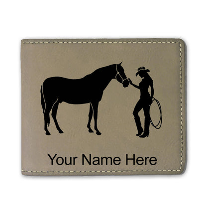 Faux Leather Bi-Fold Wallet, Horse and Cowgirl, Personalized Engraving Included