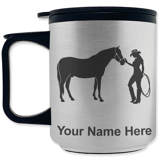 Coffee Travel Mug, Horse and Cowgirl, Personalized Engraving Included