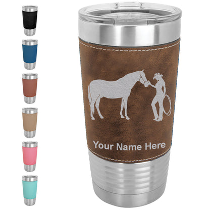 20oz Faux Leather Tumbler Mug, Horse and Cowgirl, Personalized Engraving Included - LaserGram Custom Engraved Gifts
