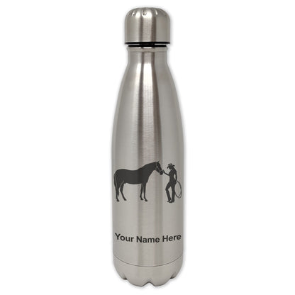 LaserGram Single Wall Water Bottle, Horse and Cowgirl, Personalized Engraving Included