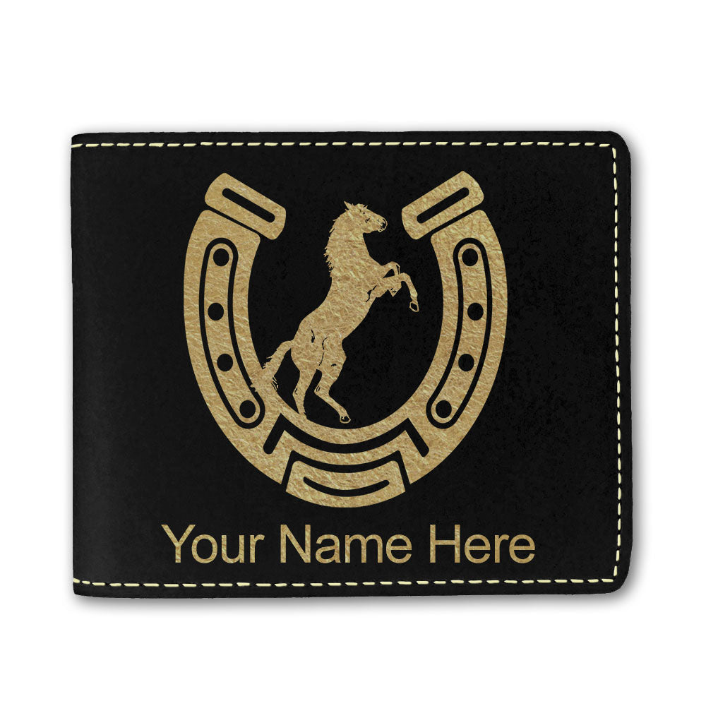 Faux Leather Bi-Fold Wallet, Horseshoe with Horse, Personalized Engraving Included