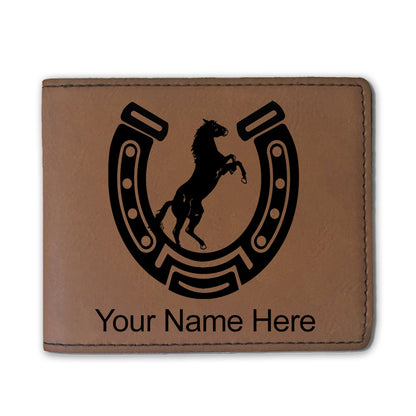 Faux Leather Bi-Fold Wallet, Horseshoe with Horse, Personalized Engraving Included