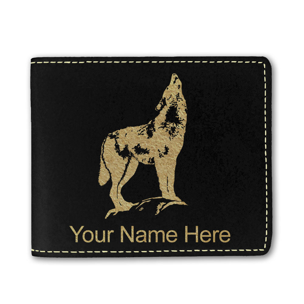 Faux Leather Bi-Fold Wallet, Howling Wolf, Personalized Engraving Included