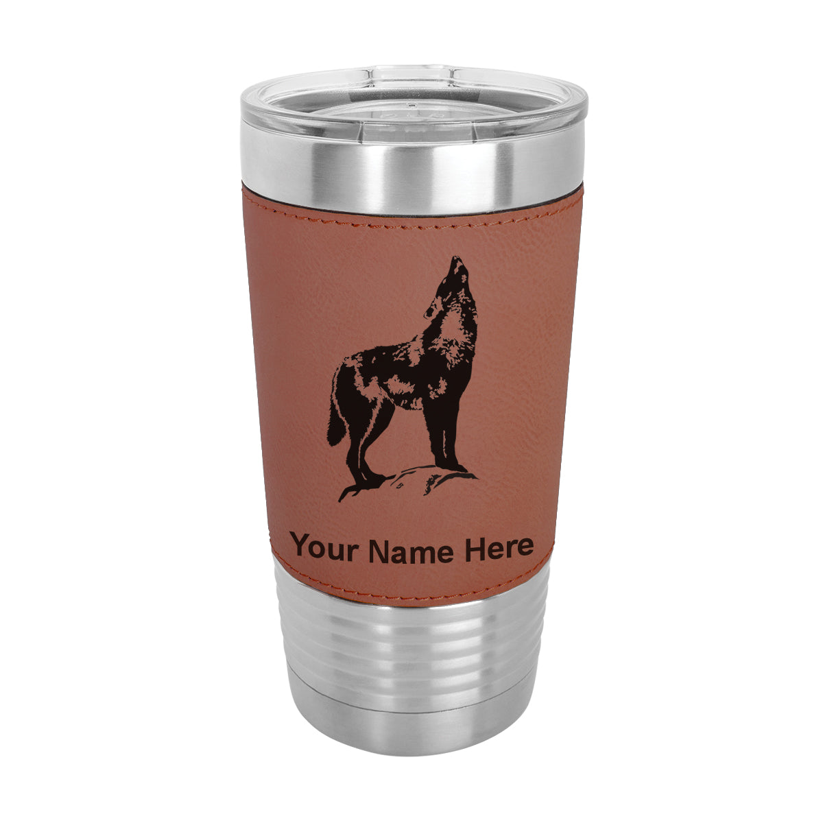 20oz Faux Leather Tumbler Mug, Howling Wolf, Personalized Engraving Included - LaserGram Custom Engraved Gifts