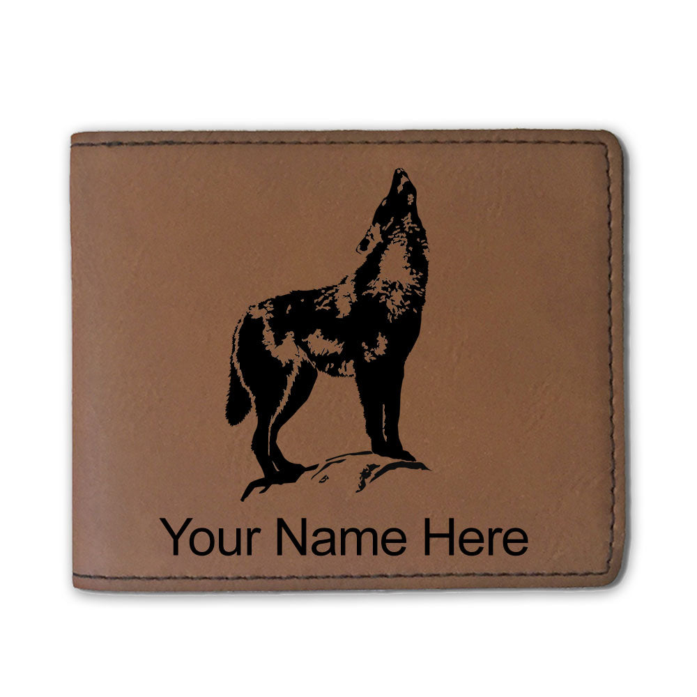 Faux Leather Bi-Fold Wallet, Howling Wolf, Personalized Engraving Included