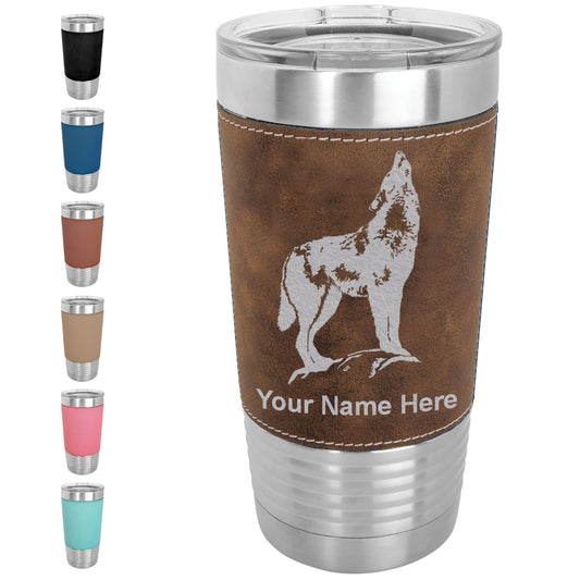 20oz Faux Leather Tumbler Mug, Howling Wolf, Personalized Engraving Included - LaserGram Custom Engraved Gifts