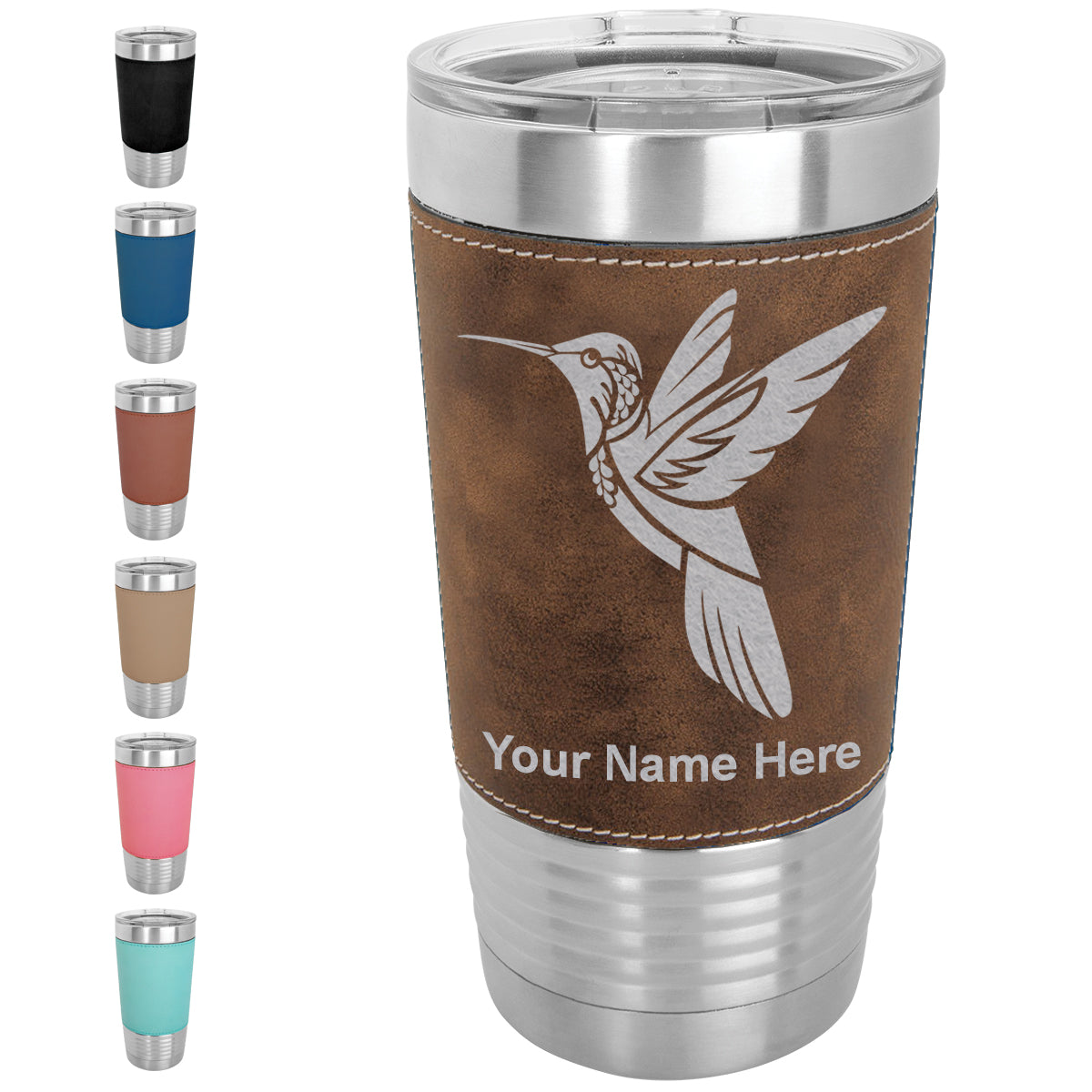 20oz Faux Leather Tumbler Mug, Hummingbird, Personalized Engraving Included - LaserGram Custom Engraved Gifts