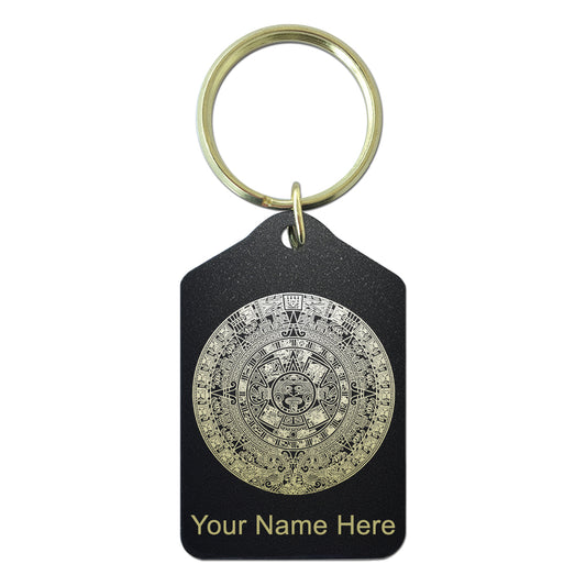 Black Metal Keychain, Aztec Calendar, Personalized Engraving Included