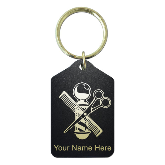 Black Metal Keychain, Barber Shop Pole, Personalized Engraving Included