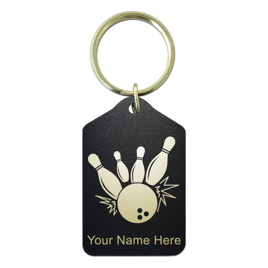 Black Metal Keychain, Bowling Ball and Pins, Personalized Engraving Included