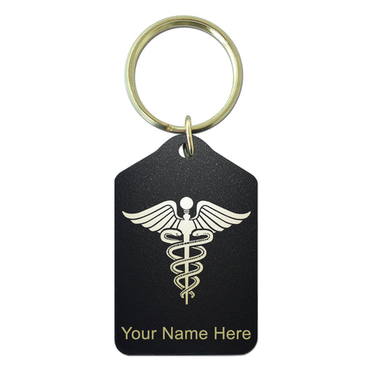 Black Metal Keychain, Caduceus Medical Symbol, Personalized Engraving Included