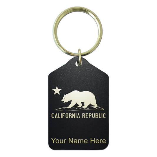 Black Metal Keychain, California Republic Bear Flag, Personalized Engraving Included