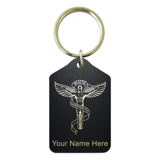 Black Metal Keychain, Chiropractic Symbol, Personalized Engraving Included