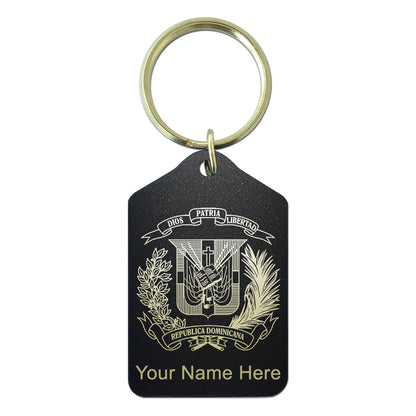 Black Metal Keychain, Coat of Arms Dominican Republic, Personalized Engraving Included