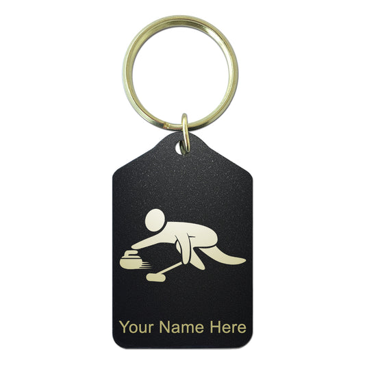 Black Metal Keychain, Curling Figure, Personalized Engraving Included