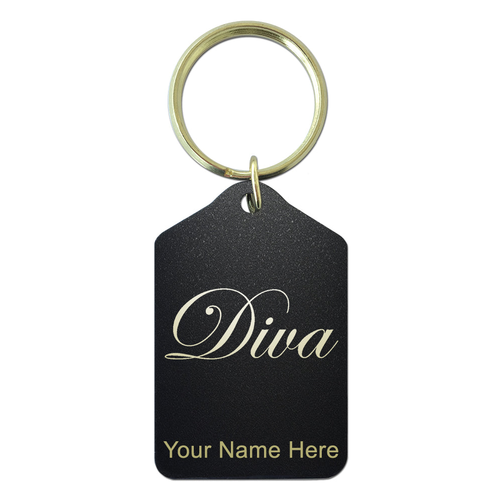 Black Metal Keychain, Diva, Personalized Engraving Included