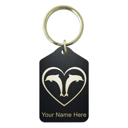 Black Metal Keychain, Dolphin Heart, Personalized Engraving Included