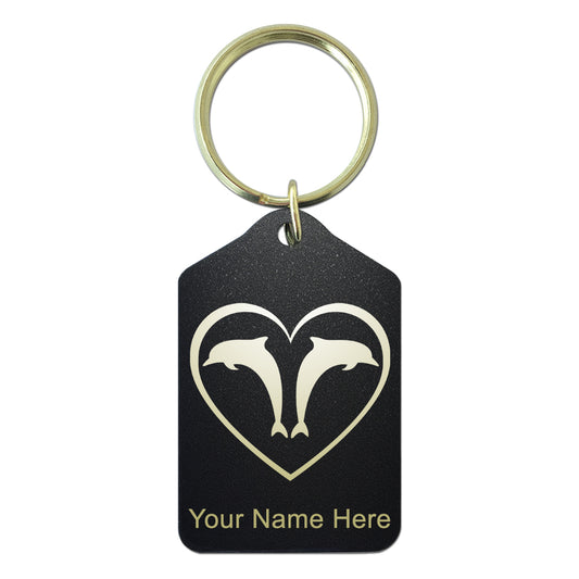 Black Metal Keychain, Dolphin Heart, Personalized Engraving Included