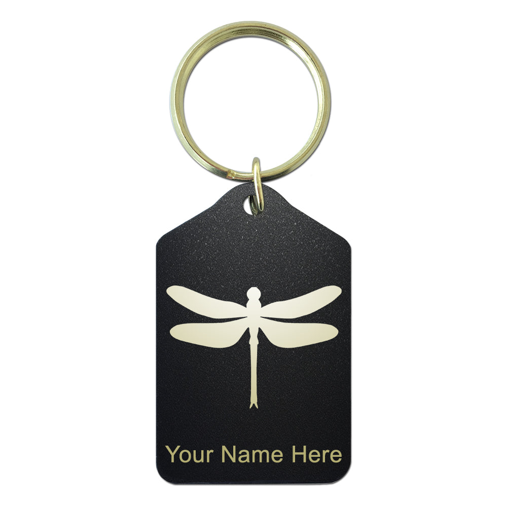 Black Metal Keychain, Dragonfly, Personalized Engraving Included