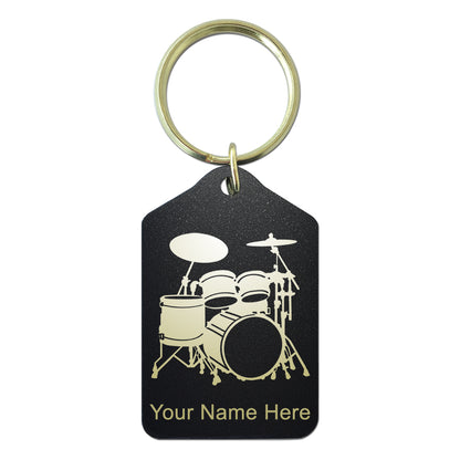 Black Metal Keychain, Drum Set, Personalized Engraving Included
