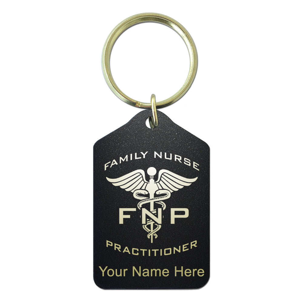 Black Metal Keychain, FNP Family Nurse Practitioner, Personalized Engraving Included