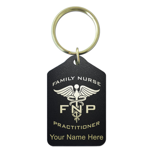 Black Metal Keychain, FNP Family Nurse Practitioner, Personalized Engraving Included