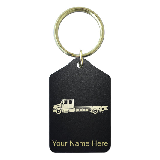 Black Metal Keychain, Flat Bed Tow Truck, Personalized Engraving Included