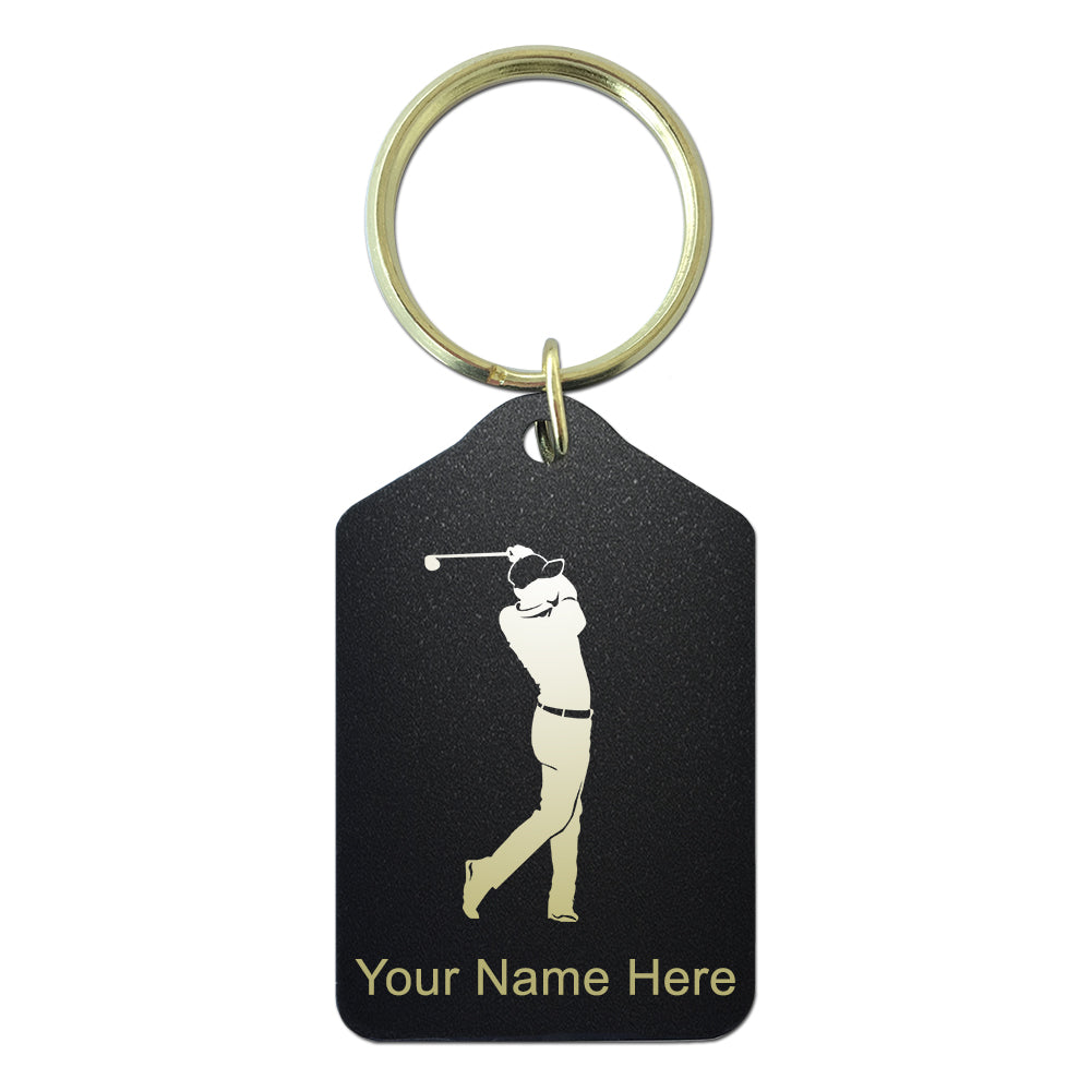 Black Metal Keychain, Golfer Golfing, Personalized Engraving Included