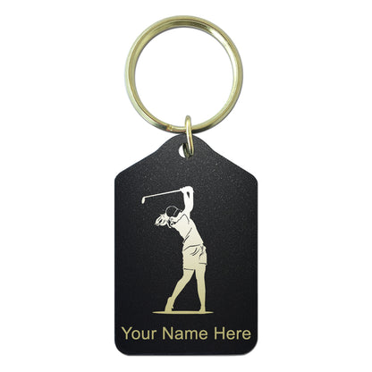 Black Metal Keychain, Golfer Woman, Personalized Engraving Included