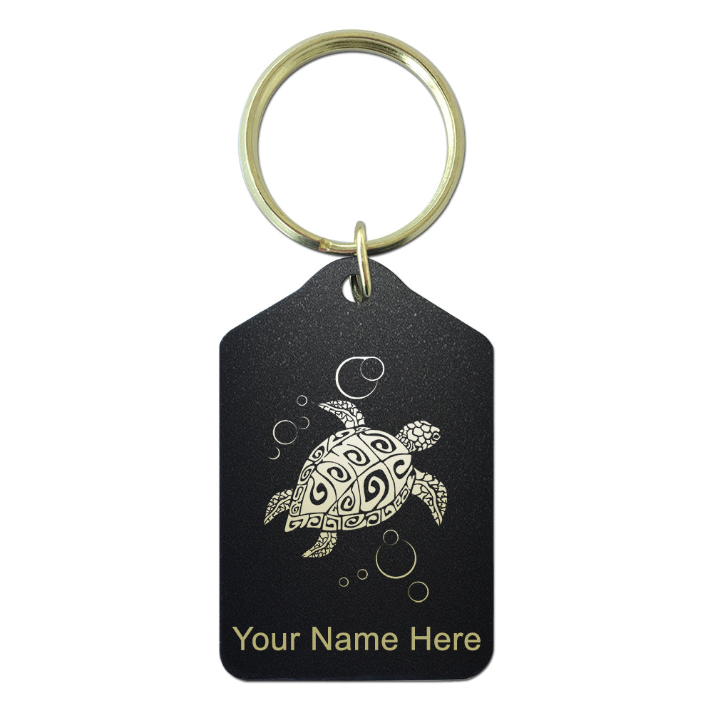 Black Metal Keychain, Hawaiian Sea Turtle, Personalized Engraving Included