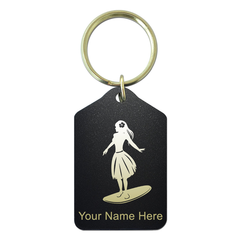 Black Metal Keychain, Hawaiian Surfer Girl, Personalized Engraving Included