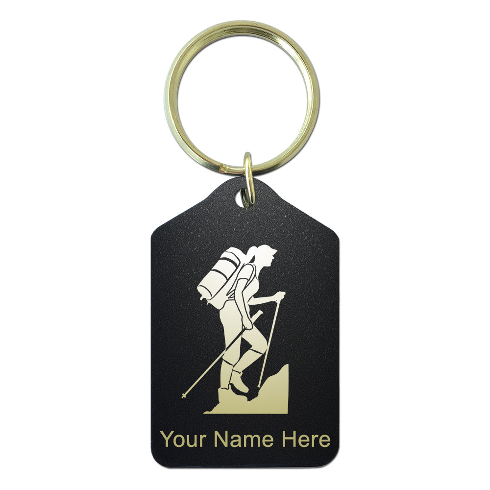 Black Metal Keychain, Hiker Woman, Personalized Engraving Included