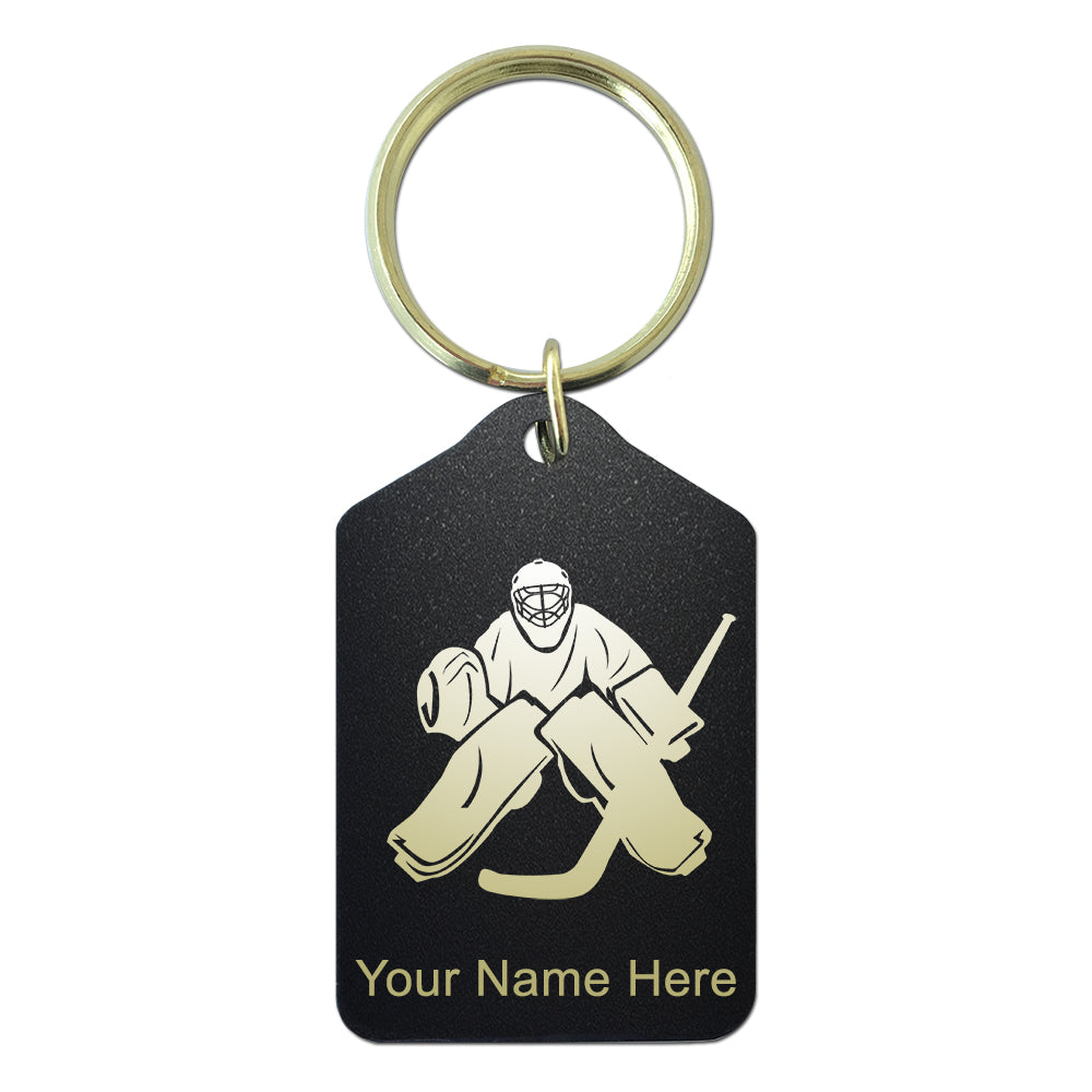 Black Metal Keychain, Hockey Goalie, Personalized Engraving Included