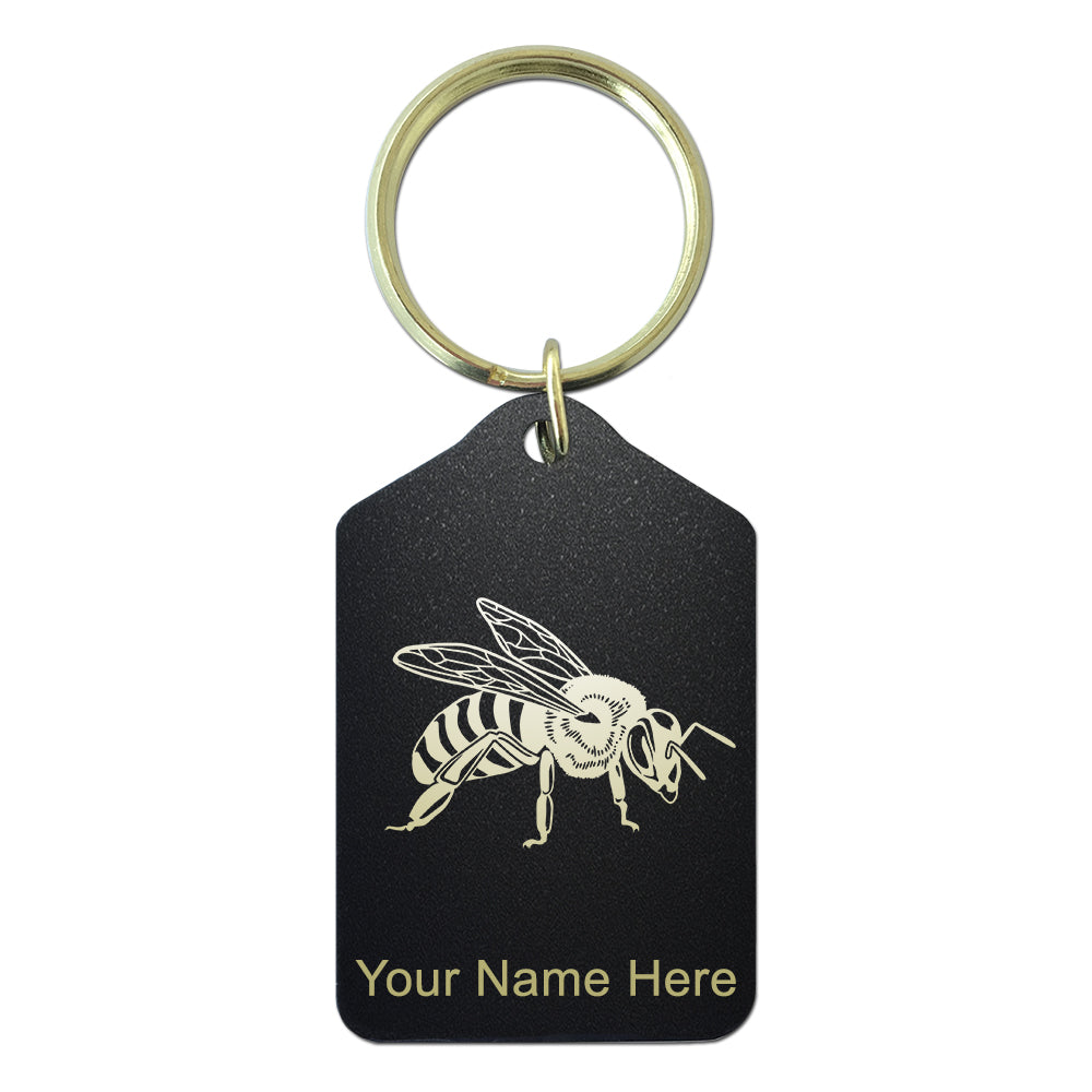 Black Metal Keychain, Honey Bee, Personalized Engraving Included