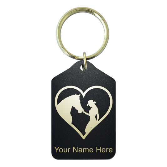 Black Metal Keychain, Horse Cowgirl Heart, Personalized Engraving Included