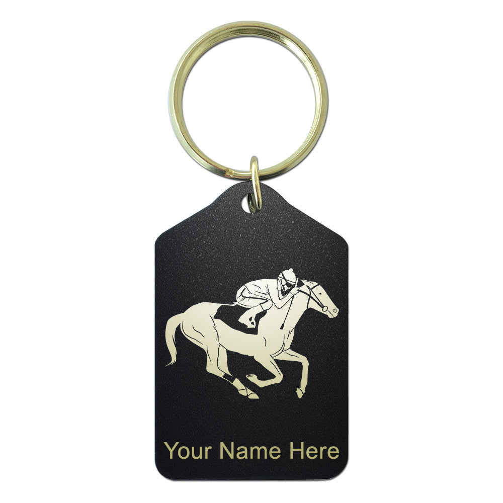 Black Metal Keychain, Horse Racing, Personalized Engraving Included