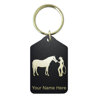 Black Metal Keychain, Horse and Cowgirl, Personalized Engraving Included