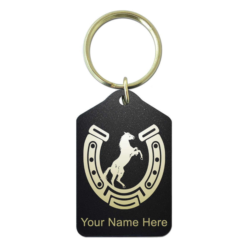 Black Metal Keychain, Horseshoe with Horse, Personalized Engraving Included